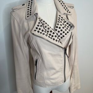 100% Leather Zara Studded Light Beige Biker Moto Jacket size Small